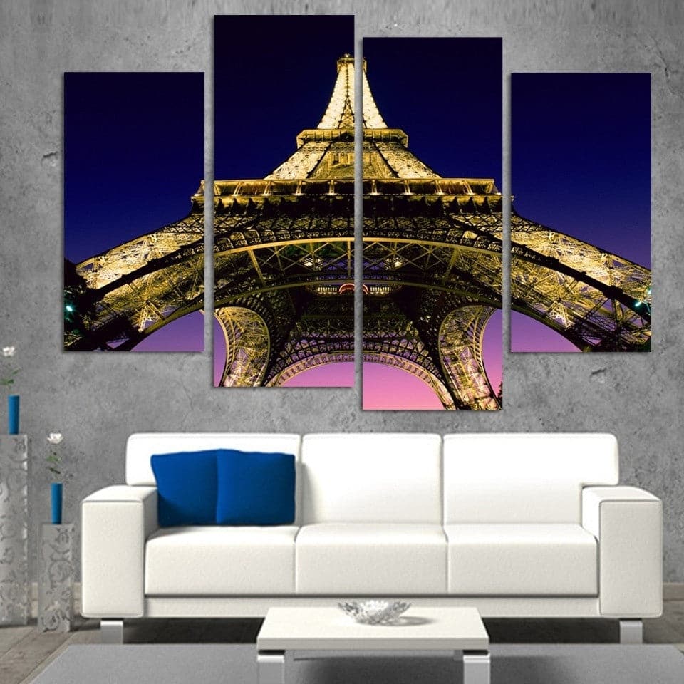 Pine Stretched  Framed 4 Panels - Eiffel Tower