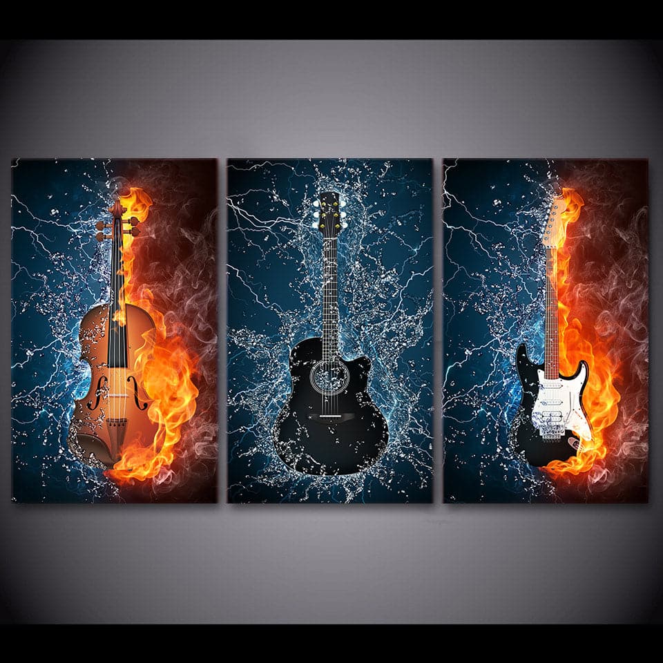 Pine Stretched  Framed Framed 3 Panels - Guitars