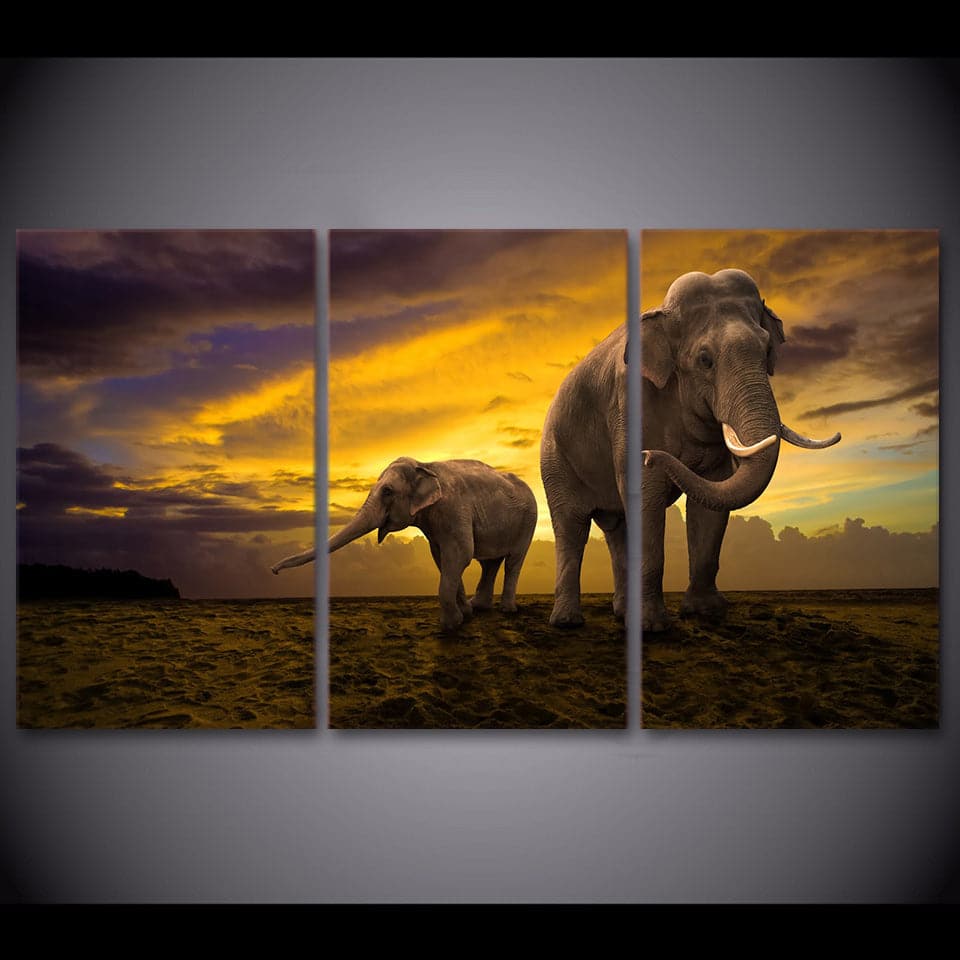 Pine Stretched  Framed Framed 3 Panels  - Elephants