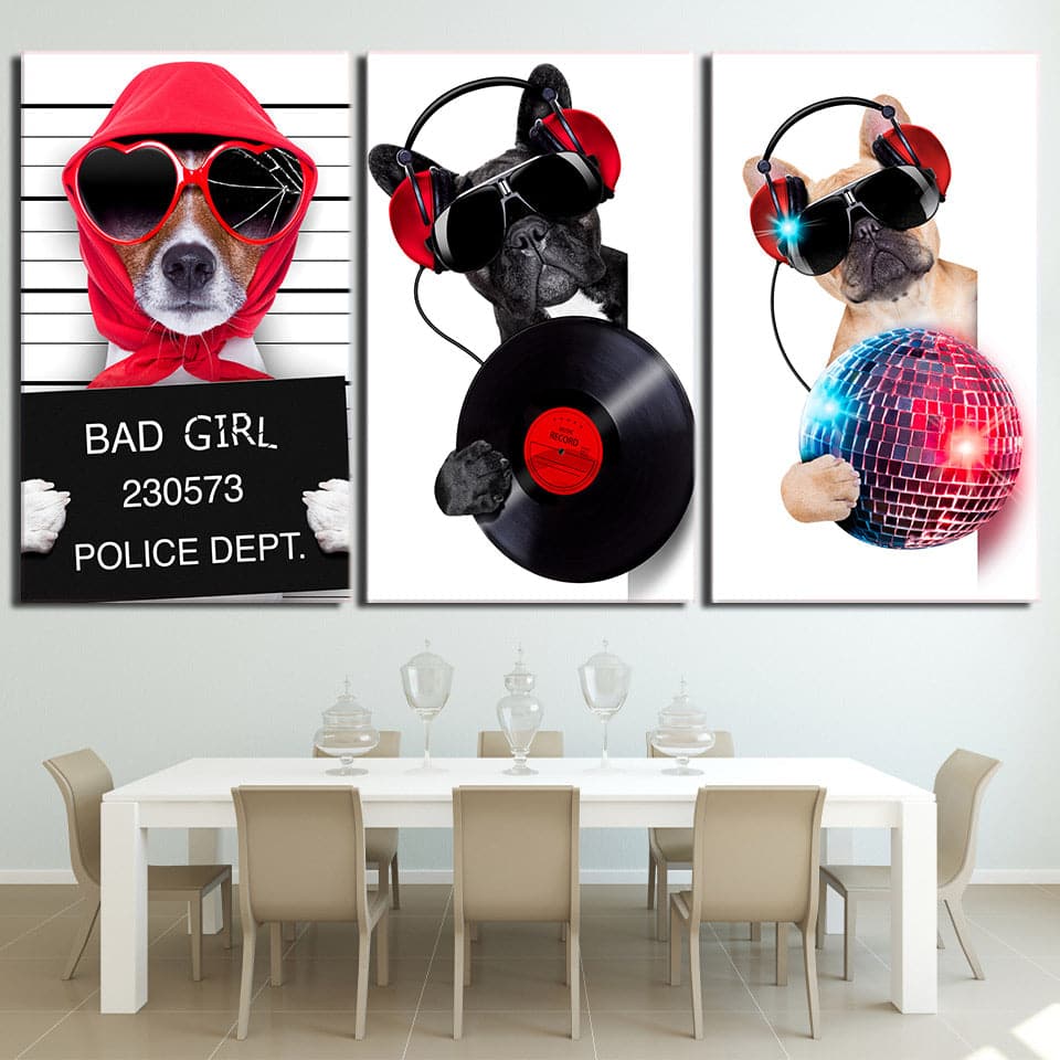 Framed 3 Panels  - Music Dog