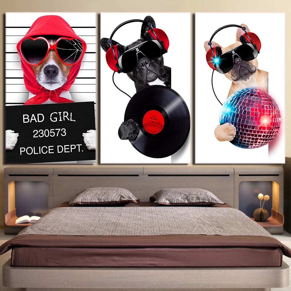 Framed 3 Panels  - Music Dog