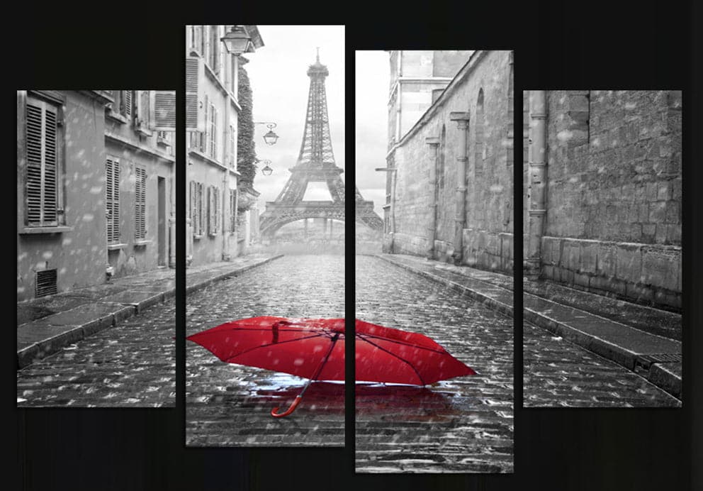 Pine Stretched  Framed 4 Panels - Raining in Paris