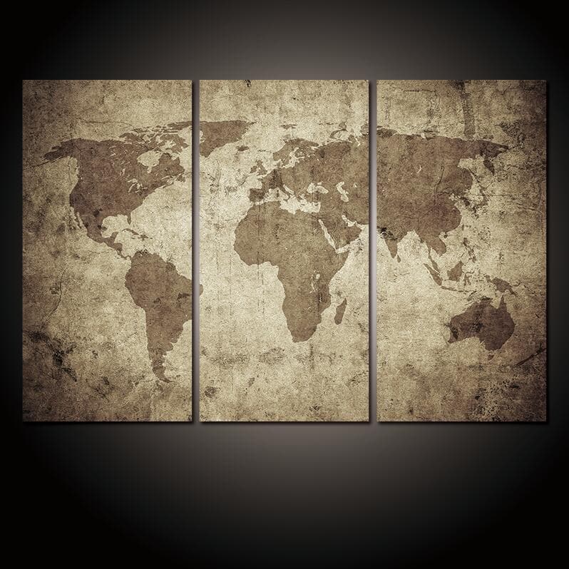 Pine Stretched  Framed 3 Panels - World Map