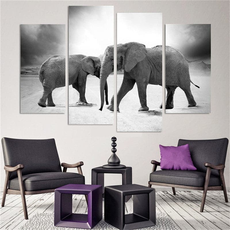 Pine Stretched  Framed 4 Panels - Elephants
