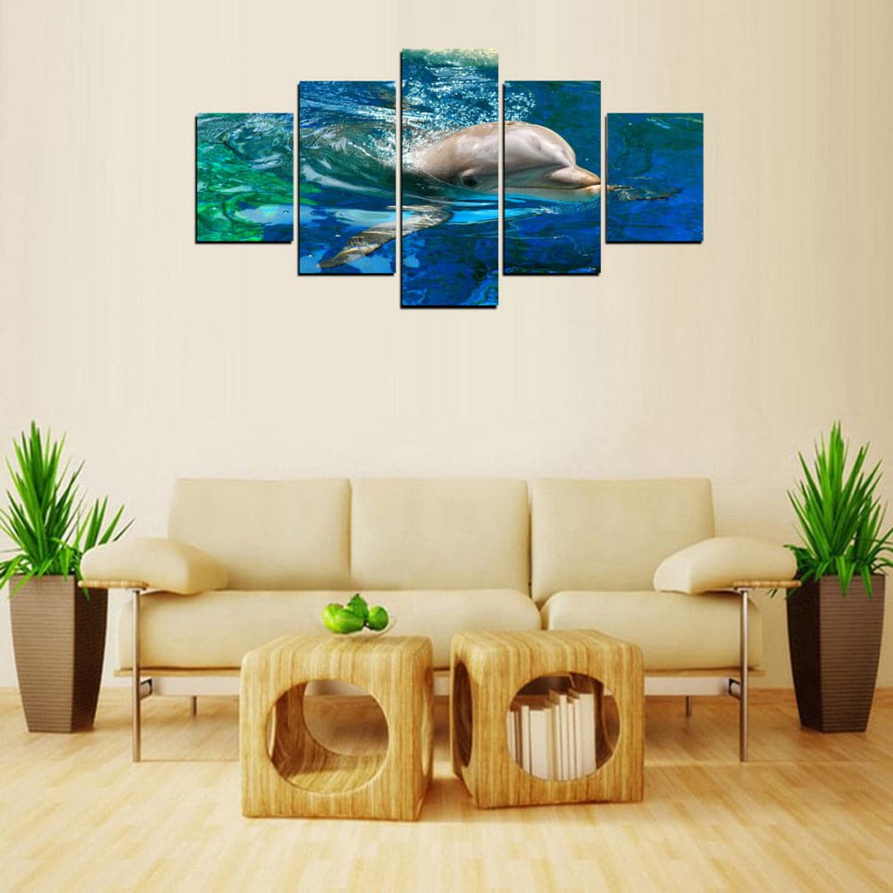 Pine Stretched  Framed 5 Panels - Dolphin
