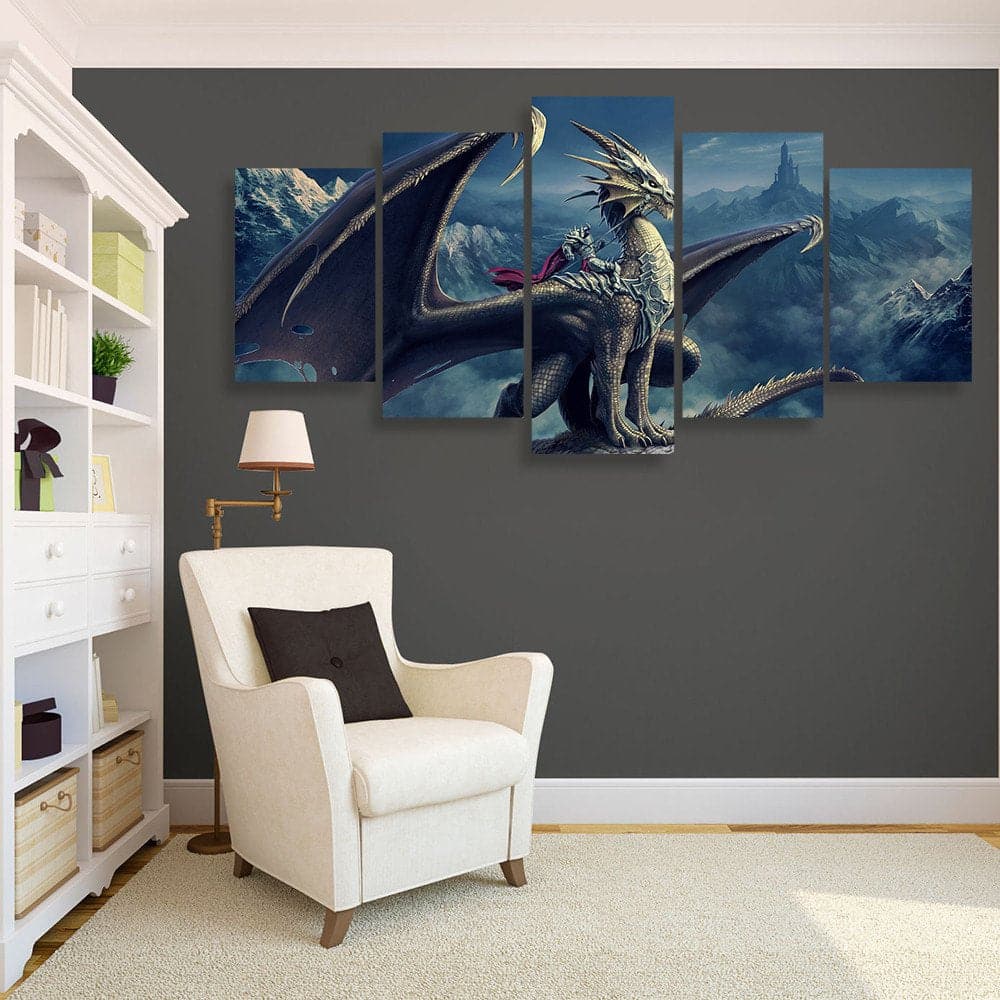 Pine Stretched  Framed 5 Panels - Dragon