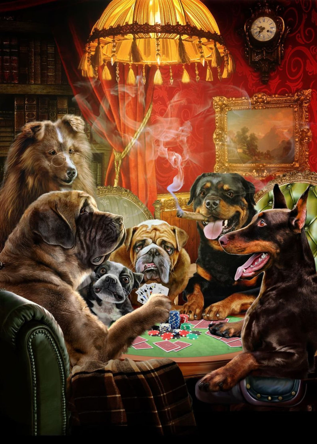 Pine Stretched  Framed 1 Panel - Dogs Gambling