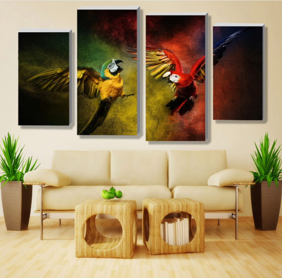 Pine Stretched  Framed 4 Panels -Parrots