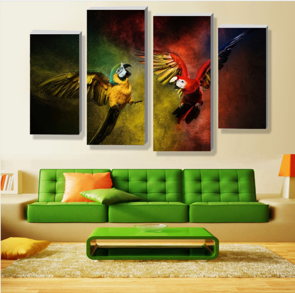 Framed 4 Panels -Parrots
