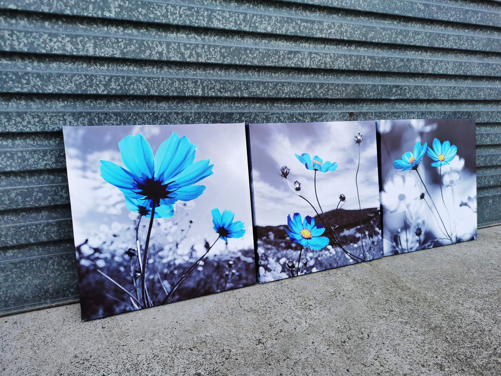 Pine Stretched  Framed 3 Panels - Finished Products - Blue Flora